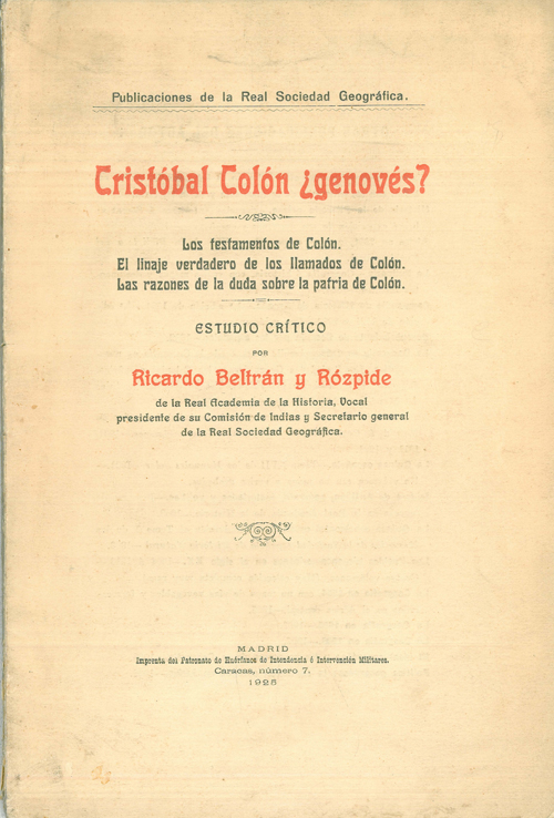 Cristóbal Colón ¿genovés?: Ricardo Beltrán y Rózpide