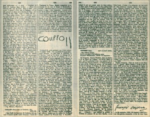 Fotocopia del “Dictionnaire Critique" del historiador francés Agustín Jal, en la que figura la .firma del almirante francés corsario “Guillaume de Casenove, dit Coullon”, y su biografía. Nos relata Jal que et citado corsario, sin duda en la retirada de su expedición al Mediterráneo, organizada en ayuda del Bey Renato de Anjou, pretendiente a tas Coronas de Aragón y Sicilia, apresó, junto al puerto de Vivero, dos galeras de Don Fernando, entonces Rey de Sicilia, por cesión de su padre, Don Juan II de Aragón. Don Fernando envió su protesta por este hecho a Luis XI, exigiendo la devolución de los navíos con cuanto contenían y la libertad de las tripulaciones. La protesta fue escrita, en latín, el 9 de noviembre de 1473, y llevada por un rey de Armas. Entregóse el 26 de enero de 1474, y Luis XI contestó el 31 del mismo mes, alegando las razones que habían dado lugar al apresamiento, pero que, no obstante daba orden al corsario para que devolviera las galeras con sus mercaderías y pusiera en libertad a sus tripulantes. Hechos todos ellos de importante significación histórica.