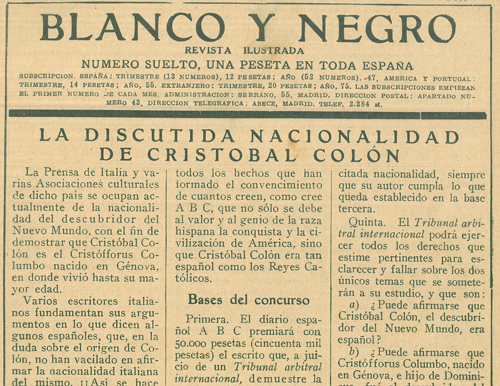 La discutida nacionalidad de Cristóbal Colón – ABC 1926