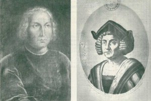 Retrato de Cristóbal Colón—a la izquierda—que se conserva en el Museo Na¬val de Madrid. El dibujo de un grabado de la “Historia de América”, de Th. de Bry—a la derecha—, está hecho sobre el retrato pintado por orden de los Reyes Católicos y grabade por Amboise Tardieu. Ambos han sido muy reproducidos.