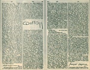 Fotocopia del “Dictionnaire Critique" del historiador francés Agustín Jal, en la que figura la .firma del almirante francés corsario “Guillaume de Casenove, dit Coullon”, y su biografía. Nos relata Jal que et citado corsario, sin duda en la retirada de su expedición al Mediterráneo, organizada en ayuda del Bey Renato de Anjou, pretendiente a tas Coronas de Aragón y Sicilia, apresó, junto al puerto de Vivero, dos galeras de Don Fernando, entonces Rey de Sicilia, por cesión de su padre, Don Juan II de Aragón. Don Fernando envió su protesta por este hecho a Luis XI, exigiendo la devolución de los navíos con cuanto contenían y la libertad de las tripulaciones. La protesta fue escrita, en latín, el 9 de noviembre de 1473, y llevada por un rey de Armas. Entregóse el 26 de enero de 1474, y Luis XI contestó el 31 del mismo mes, alegando las razones que habían dado lugar al apresamiento, pero que, no obstante daba orden al corsario para que devolviera las galeras con sus mercaderías y pusiera en libertad a sus tripulantes. Hechos todos ellos de importante significación histórica. 