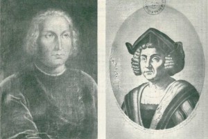 Retrato de Cristóbal Colón—a la izquierda—que se conserva en el Museo Na¬val de Madrid. El dibujo de un grabado de la “Historia de América”, de Th. de Bry—a la derecha—, está hecho sobre el retrato pintado por orden de los Reyes Católicos y grabade por Amboise Tardieu. Ambos han sido muy reproducidos.